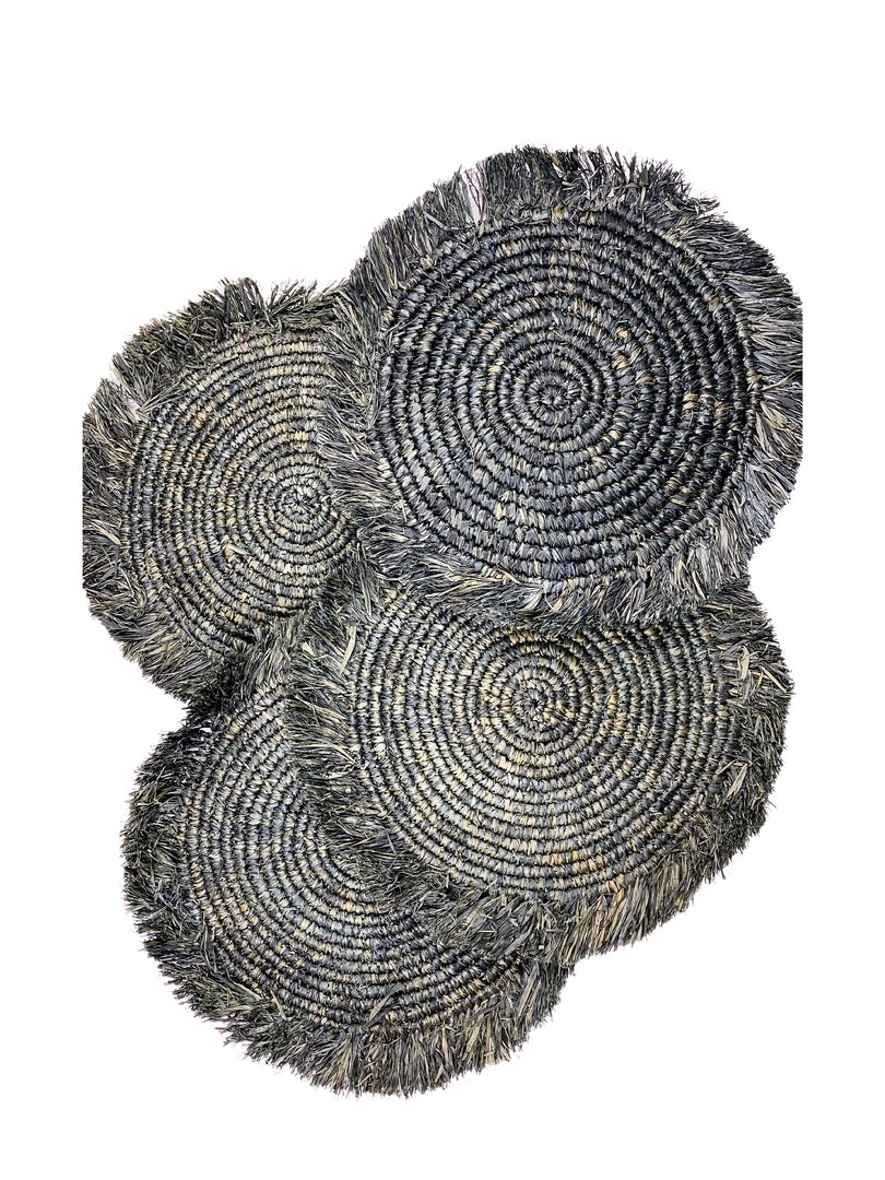 Twine + Twig Straw Raffia Placemats With Fringe - Black | Set Of 4 2 Twine + Twig Straw Raffia Placemats With Fringe - Black | Set Of 4