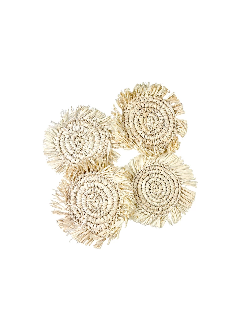 Twine + Twig Straw Grass Coasters With Fringe - White | Set Of 4 2 Twine + Twig Straw Grass Coasters With Fringe - White | Set Of 4