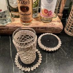 Twine + Twig Rattan Coaster With Cowrie Shell - Black | Set Of 4