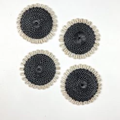 Twine + Twig Rattan Coaster With Cowrie Shell - Black | Set Of 4