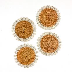 Twine + Twig Rattan Coaster With Cowrie Shell - Brown | Set Of 4