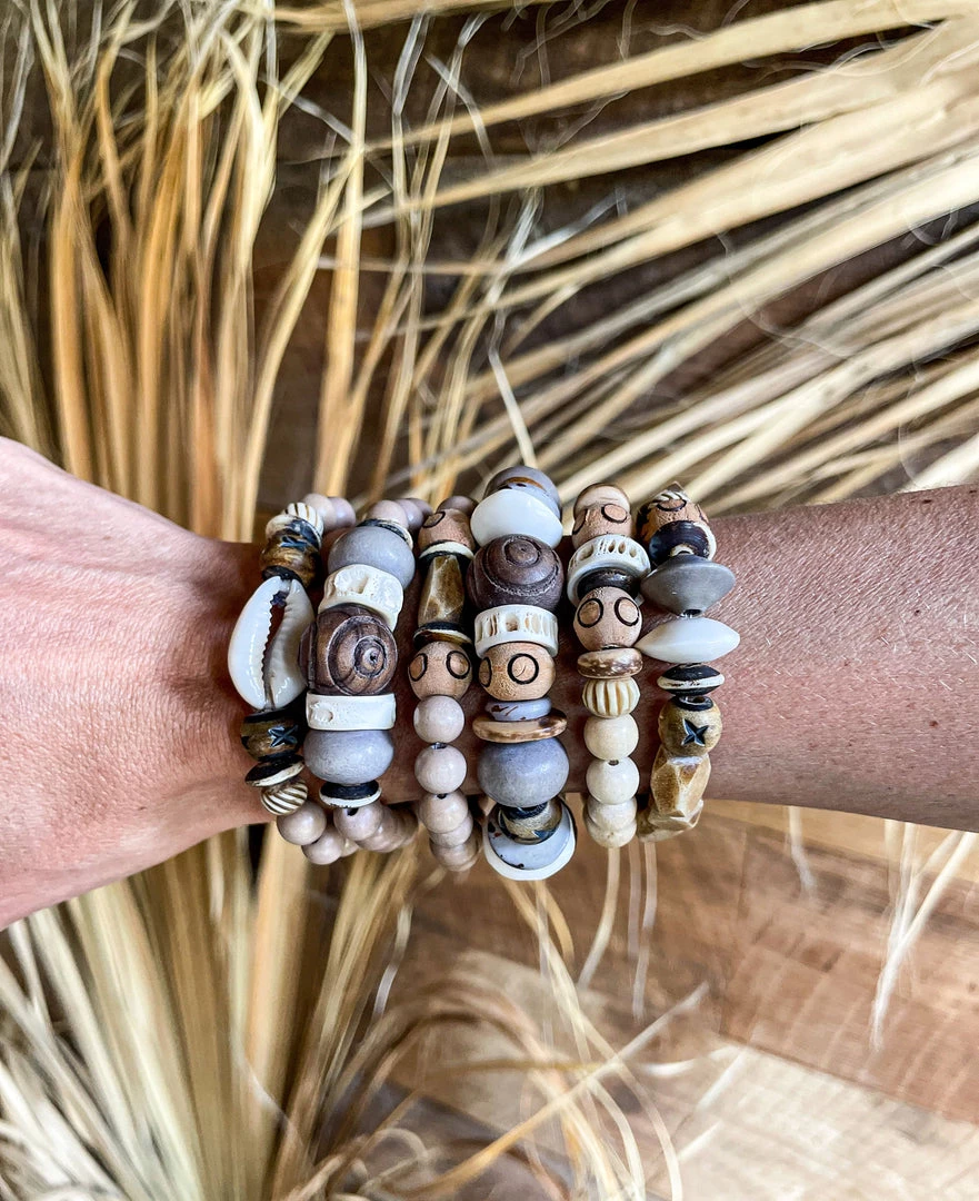 Twine + Twig Tribal Stack Bracelet | Brown Cowrie Collection 3 Twine + Twig Tribal Stack Bracelet | Brown Cowrie Collection