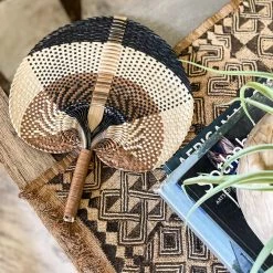 Twine + Twig Cowrie Collection Woven Straw Hand Fan | Natural Brown Black
