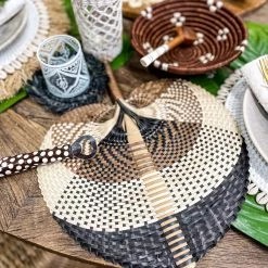 Twine + Twig Cowrie Collection Woven Straw Hand Fan | Natural Brown Black