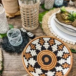 Twine + Twig Straw Grass Coasters With Fringe - Black | Set Of 4 Cowrie Collection