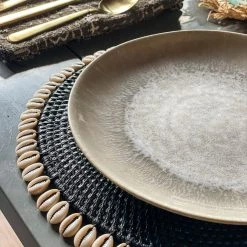 Twine + Twig Cowrie Collection Rattan Placemat With Cowrie Shell - Black | Set Of 4