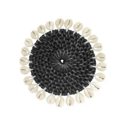 Twine + Twig Rattan Coaster With Cowrie Shell - Black | Set Of 4