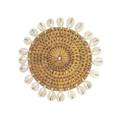 Twine + Twig Rattan Coaster With Cowrie Shell - Brown | Set Of 4
