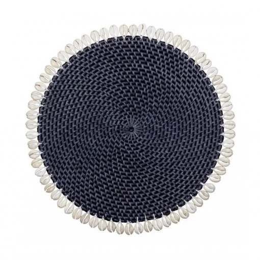 Twine + Twig Cowrie Collection Rattan Placemat With Cowrie Shell - Black | Set Of 4