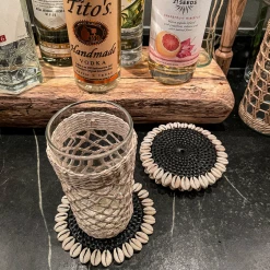 Twine + Twig Rattan Coaster With Cowrie Shell - Whitewash | Set Of 4