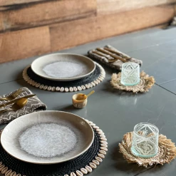 Twine + Twig Straw Grass Coasters With Fringe - Black | Set Of 4 Cowrie Collection