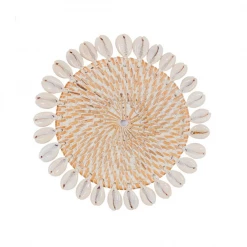 Twine + Twig Rattan Coaster With Cowrie Shell - Whitewash | Set Of 4